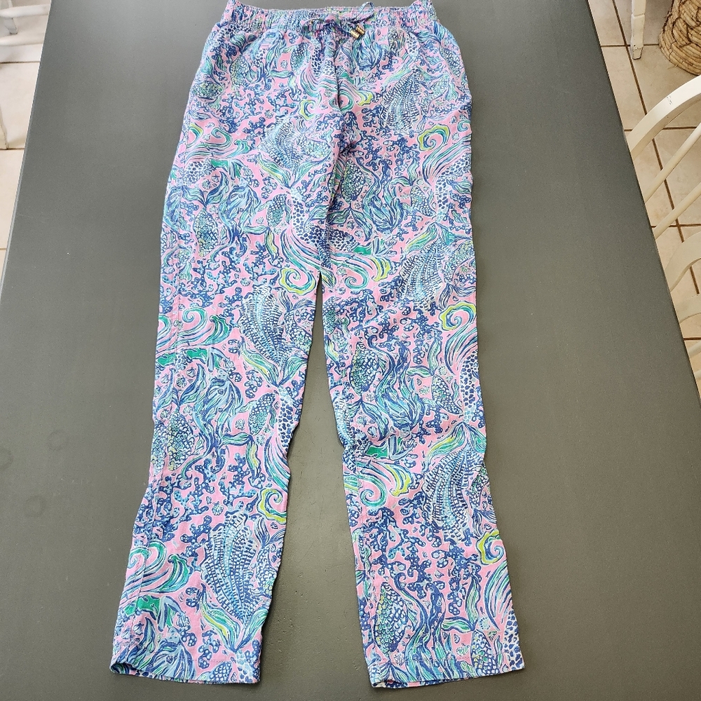 Lilly Pulitzer Taron 100% Linen Pull-On Pant Sz XS WE MERMAID IT Beachy Resort